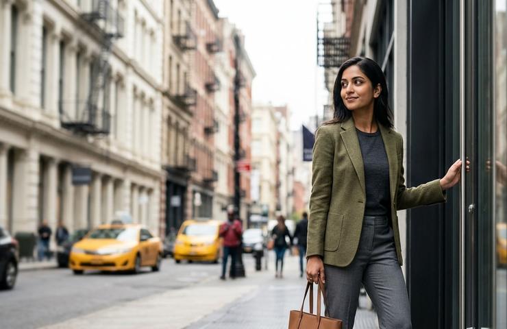 A stylish woman stands on a city street, looking confidently at a shop window.