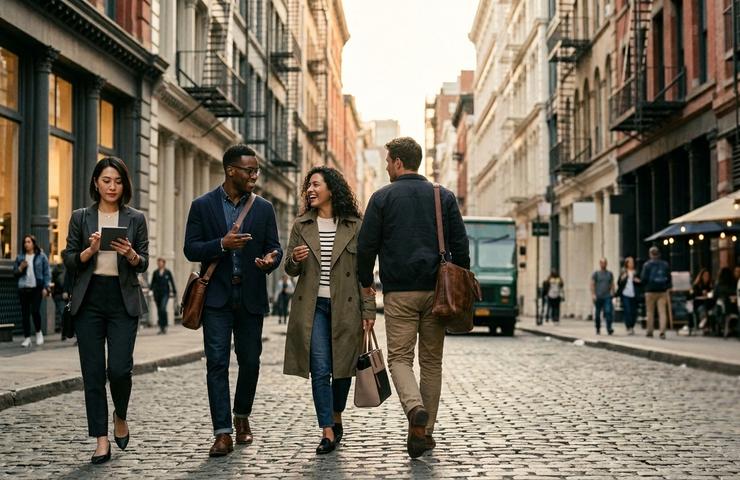 A group of friends walking down a cobblestone street in a trendy neighborhood.