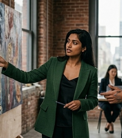 A woman in a green blazer discusses artwork with a man in a gray shirt in an art studio.