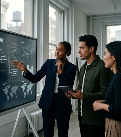 Three professionals engage in a discussion while reviewing a presentation on a screen.