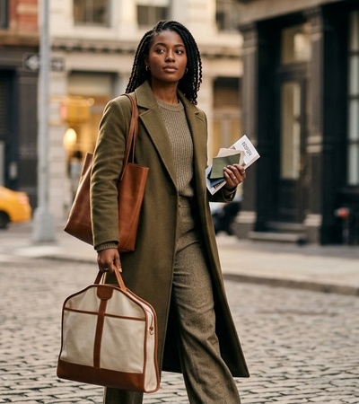 A stylish woman walking down the street with a large bag and a coffee cup.