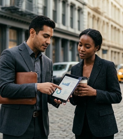 A man and a woman in business attire are discussing a report on a tablet while standing on a city street.