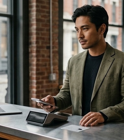 A man in a green blazer is using his phone while standing next to a laptop and a payment terminal.