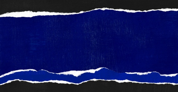 An abstract artwork featuring a jagged, torn edge of blue paper against a black background.