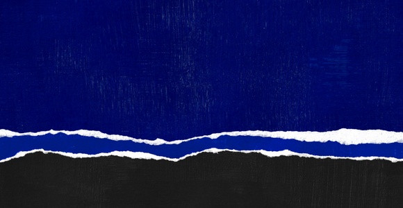 The image features a vibrant blue background with a contrasting black base and a white torn paper effect in the middle.